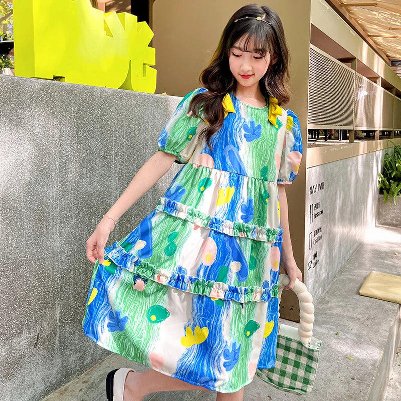 Summer Dress Girl Korean Style Sweet Floral Print Casual Kids Ruched Dresses Toddler Girls Clothes 4 5 6 7 8 9 10 12 14 Year Old
