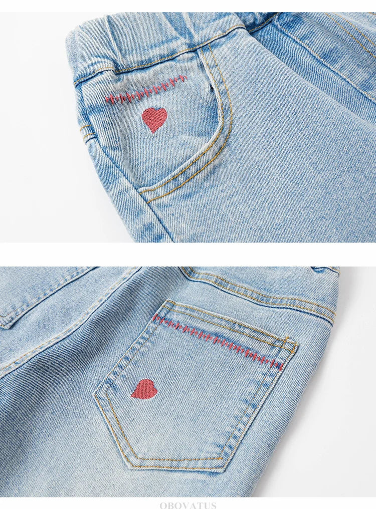 Child Slim Close-fitting Heart Pattern Flared Jeans For Girls Elegant Boot Cut Denim Leggings Pants Kids Fashion Jeans Trousers