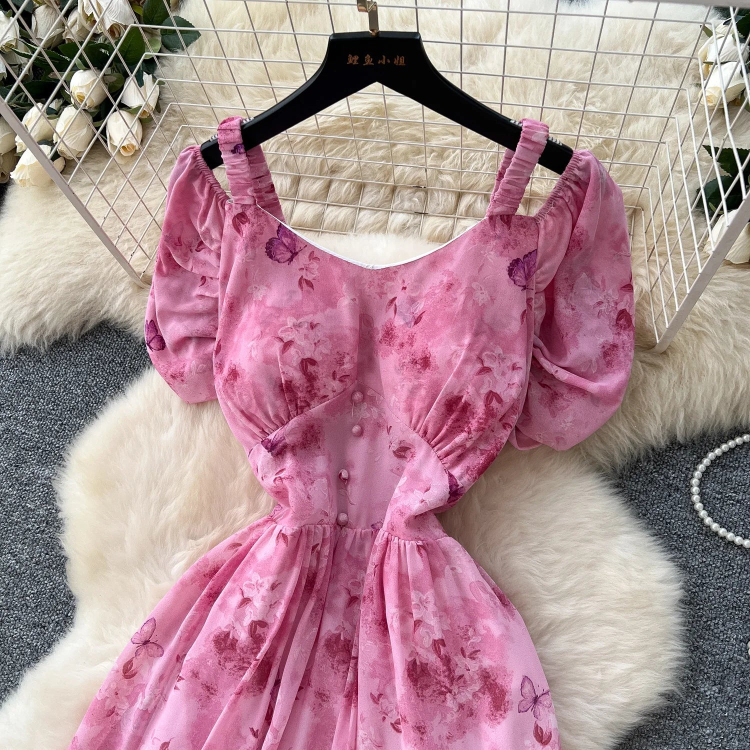 Summer 2025 French Style New Fashion Women's Elegant Trendy Printed Short Puff Sleeve Ankle Length Slim Dresses Female Clothes