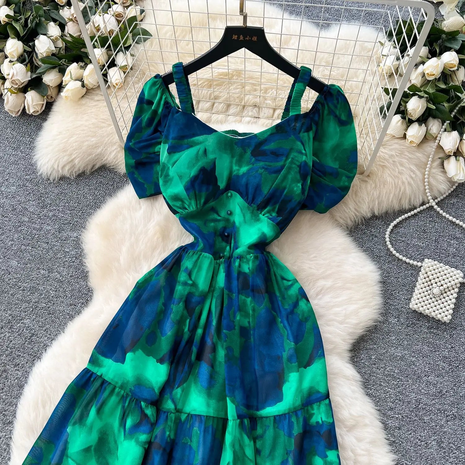 Summer 2025 French Style New Fashion Women's Elegant Trendy Printed Short Puff Sleeve Ankle Length Slim Dresses Female Clothes