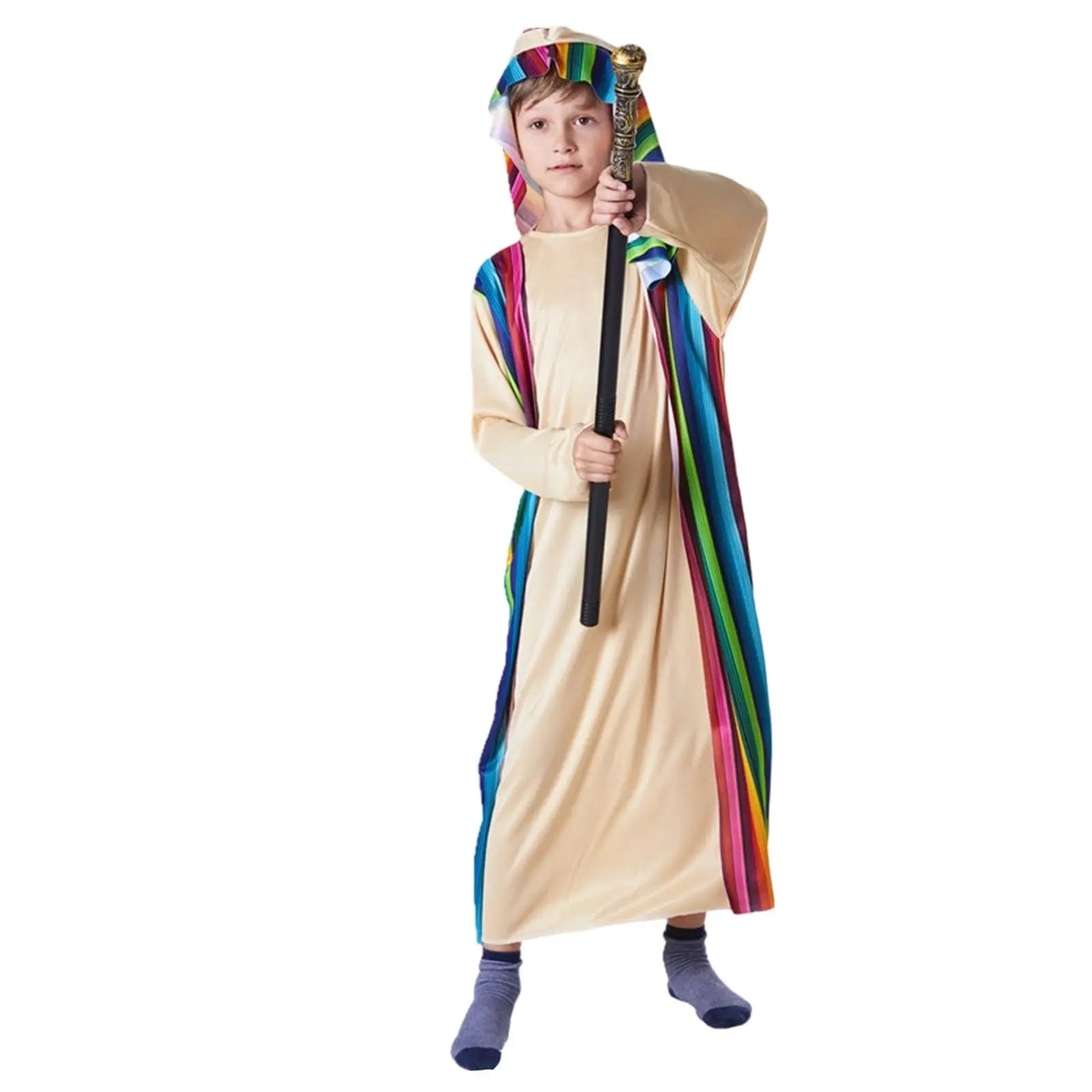Boys Ethnic Gown Beige Rainbow Stage Clothing Striped Tunic Hooded Capelet Themed Cosplay Party 2026 Stylish Lively Outfit Abito