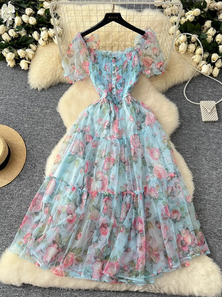 French Sweet Long Dresses Flower Print Slash Neck Puff Sleeve Pleated Patchwork Dress Summer Fashion Elegant Women Clothing 2025