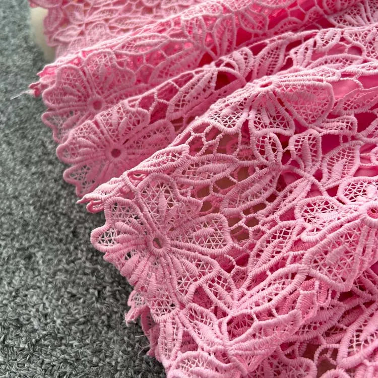 Luxury Pink Lace Midi dress with belt Women's 2025 Summer Elegant V-neck Rhinestone buttons Dresses Party clothing INKEO 4D094