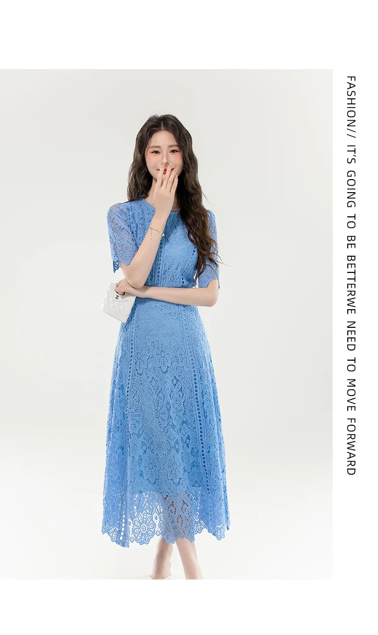 High Quality Lace Hollow Out Women Long Elegant Office Dress Summer French Chic Casual Vintage Purple Short Sleeve A-line Dress