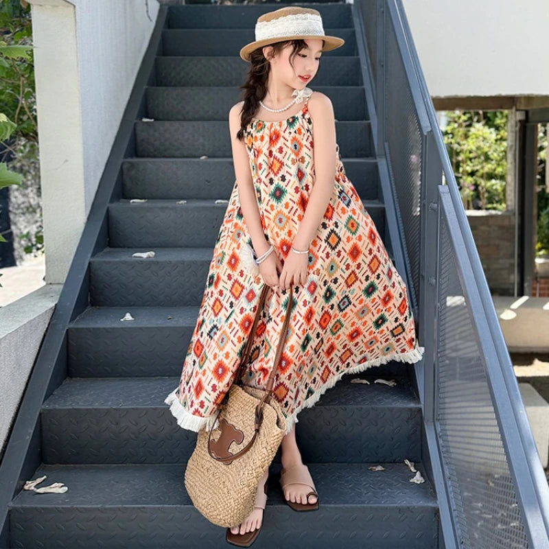 Girls' Summer Dress 2025 New Design for Children, Girls' Beach Bohemian Princess Dress for Older Kids.