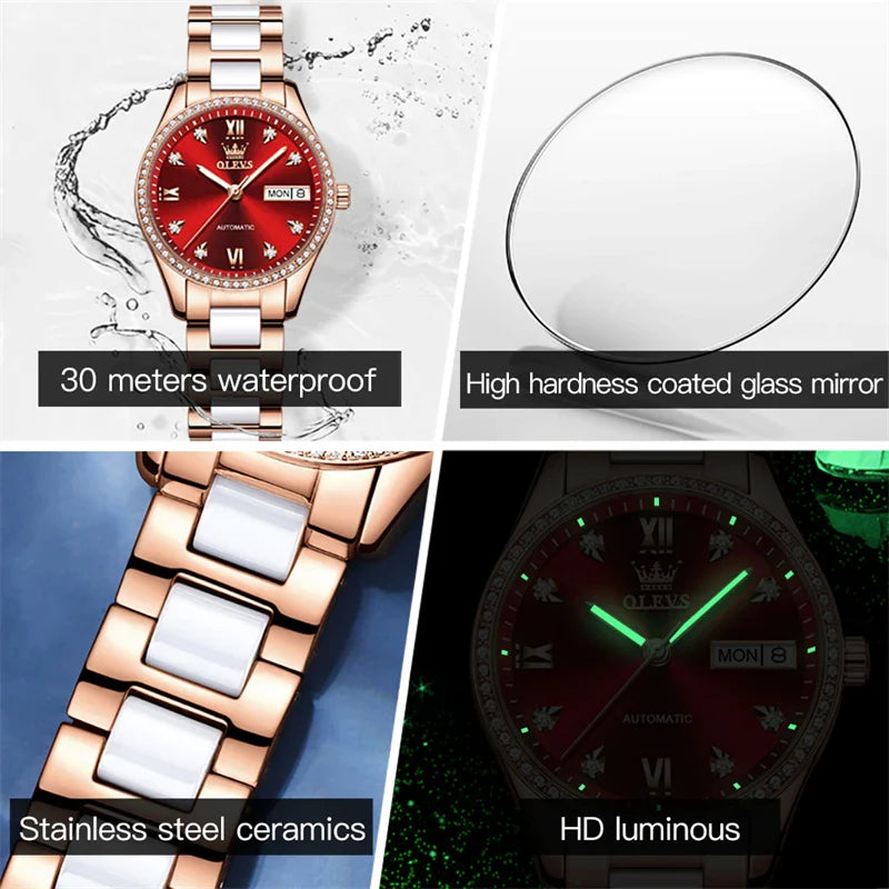OLEVS Fashion Women Mechanical Watches Luxury Diamond Ceramic Strap Waterproof Luminous Week Calendar Automatic Watch For Women