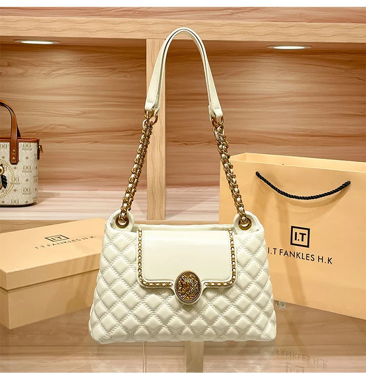 2025 women's brand genuine leather chain bag, new designer brings a sense of luxury, large capacity underarm shoulder bag is fas