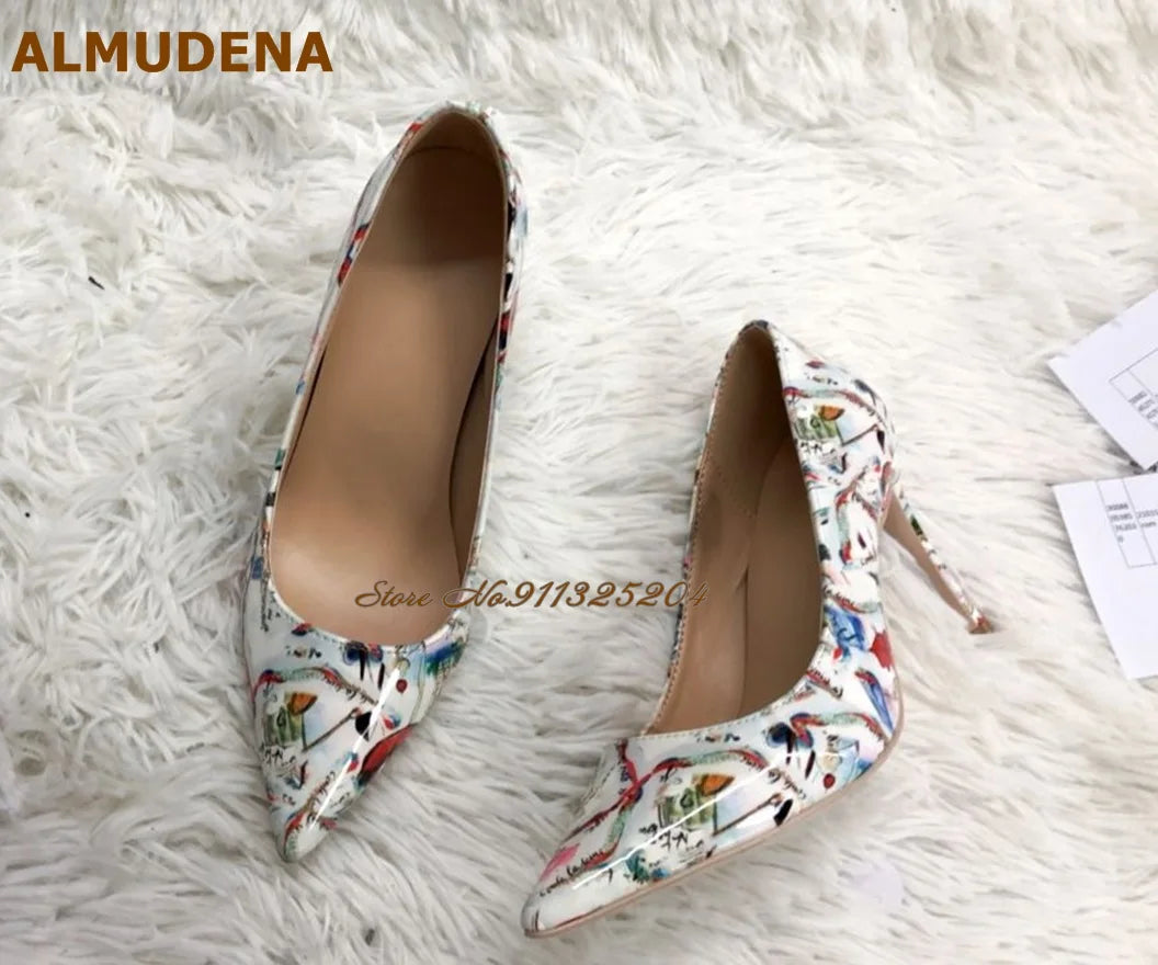 ALMUDENA White Patent Leather Eiffel Tower Red Lips Printed Wedding Shoes 12cm Sky High Heel Pointed Toe Slip-On Banquet Pumps
