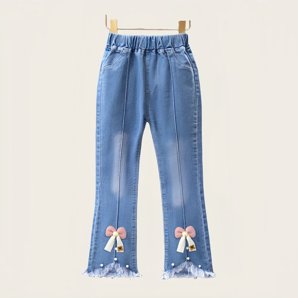 Children Infants Girls Casual Denim Pants Bow Tie Child Teenage Girl Jeans Clothes Fashion Kids Skinny Trousers Prints Clothing