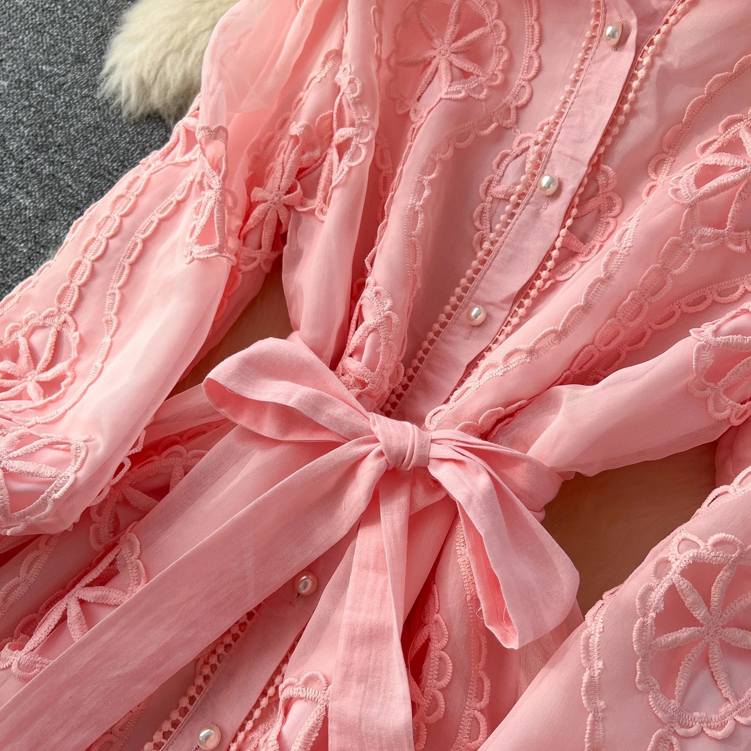 Elegant Embroidery Vintage Lantern Sleeves Lapel Single Breasted Chic Bandage Slim Long Dresses Women High Street Clothing