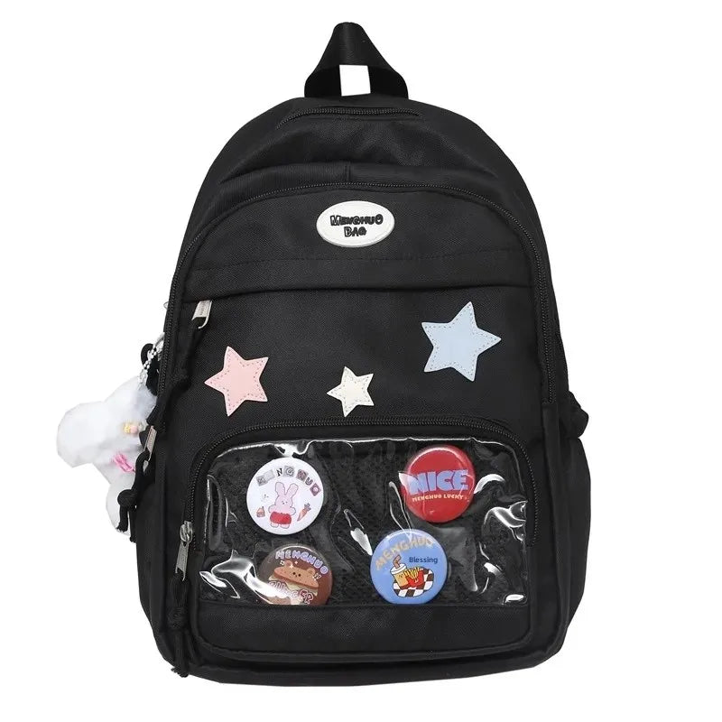 Casual Transparent Badge Large Capacity Commuter Backpack Suitable for Middle School Students Cute School Style Double Shoulder