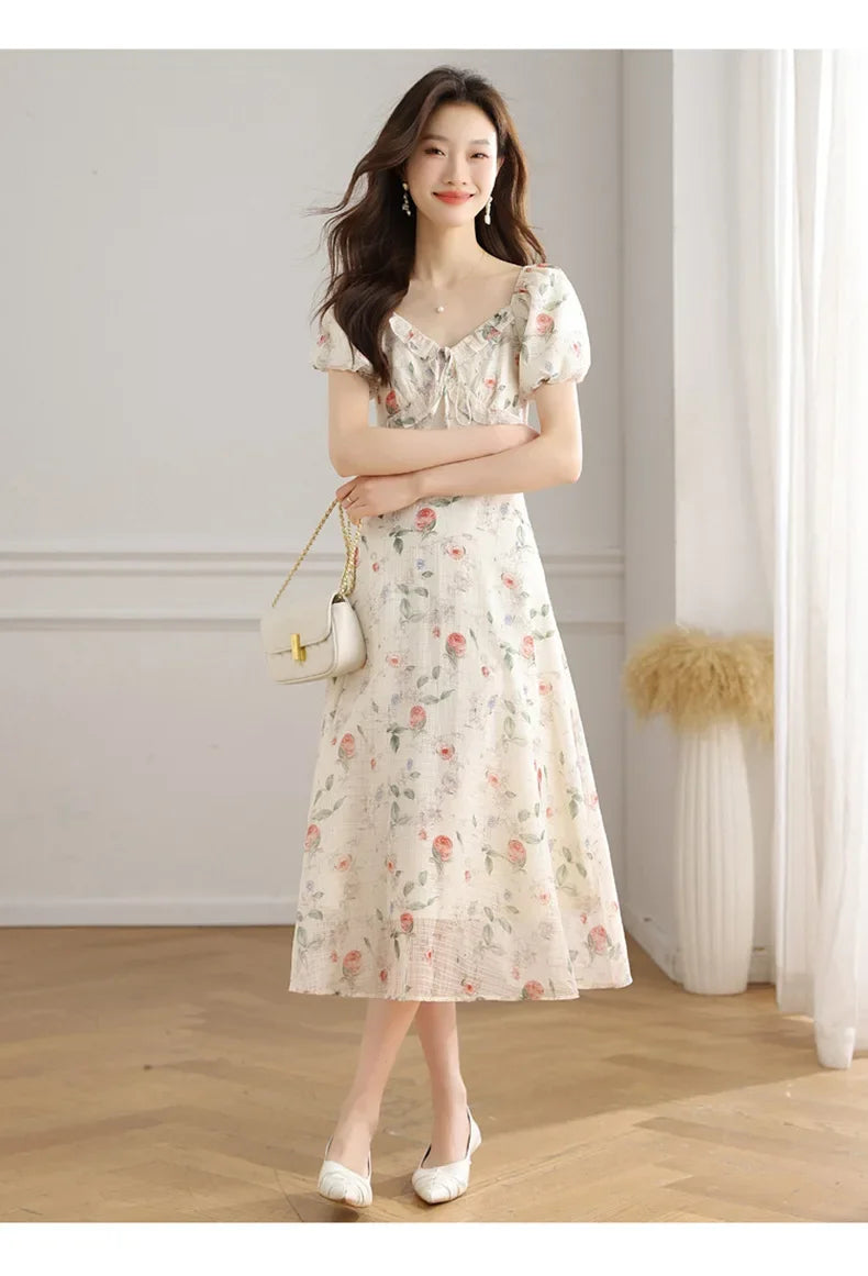 Elegant Summer Dress with Bubble Sleeves And Bellflower Pattern Slimming Empire Waist Knee-Length Polyester Fiber Short Sleeve