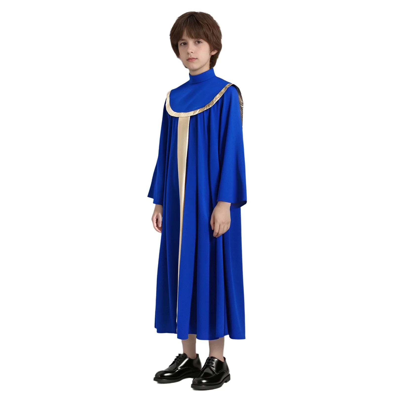 Boys Girls Choir Robe Liturgical Worship Praise Dance Costume Long Sleeve Metallic Color Block Patchwork Pleated Dress Grown