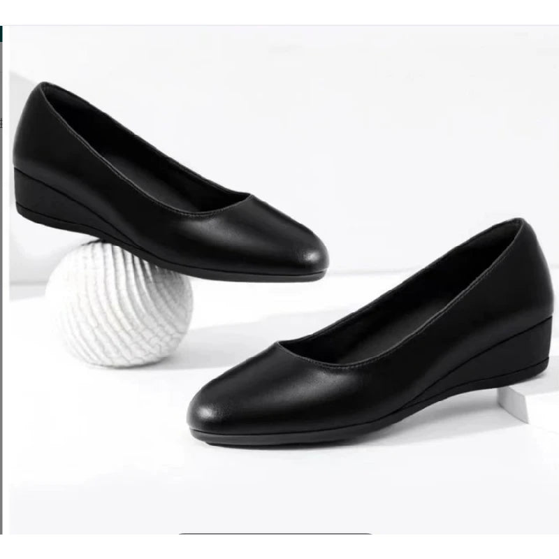 2025 New Women's Genuine Leather Slip-On Flats - Black Low Wedge Work Shoes, Comfortable Office & Commuting Shoes