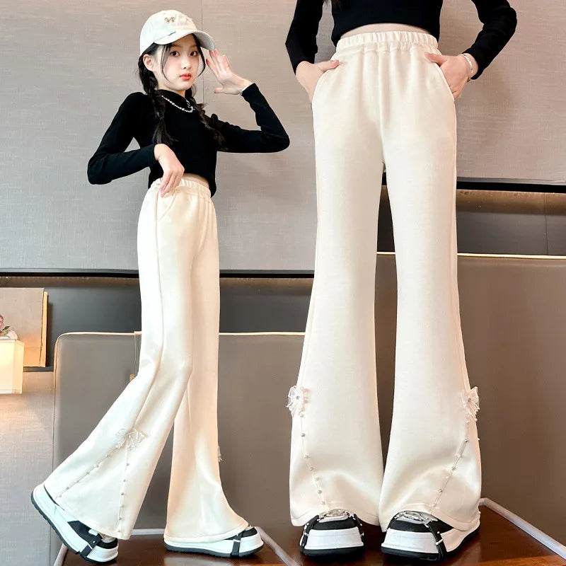 Kids Flare Pants with Bows For Girl Casual Style Children Bell Boot Cut Trousers Fashion Design Grey Black Color Sweatpants 5-14