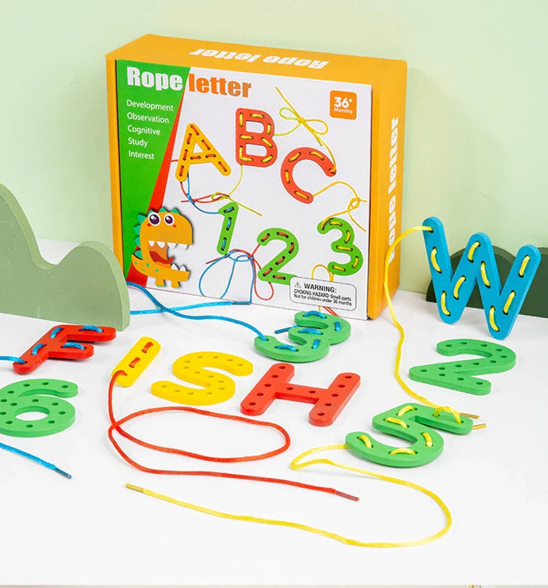Wooden Number Letter Rope Game Early Education Cognitive Handmade Rope Letter Educational Toys Hand Eye Coordination Training