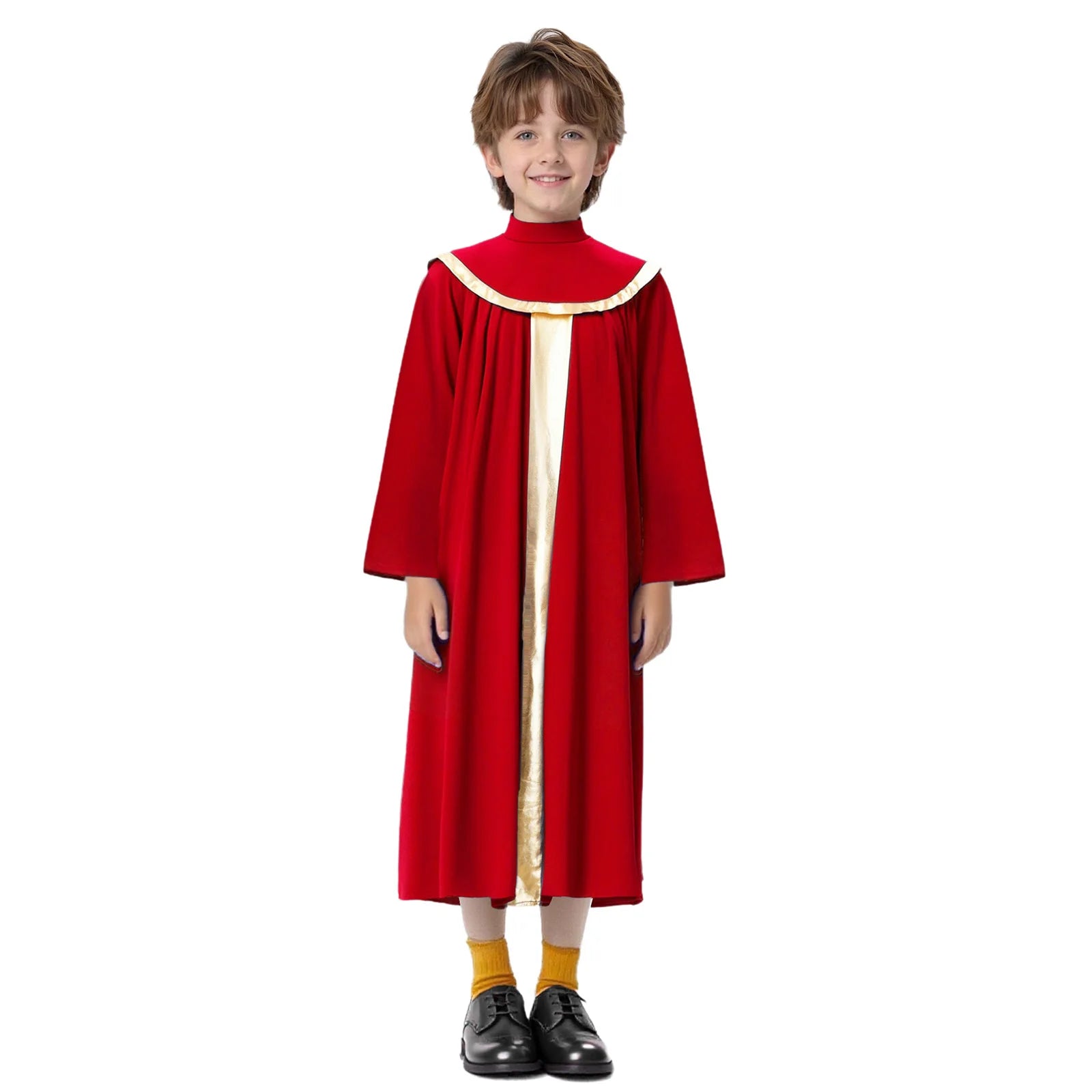 Kids Boys Girls Choir Robe Dress Worship Praise Dance Costume Long Sleeve Metallic Color Block Patchwork Pleated Ceremony Grown