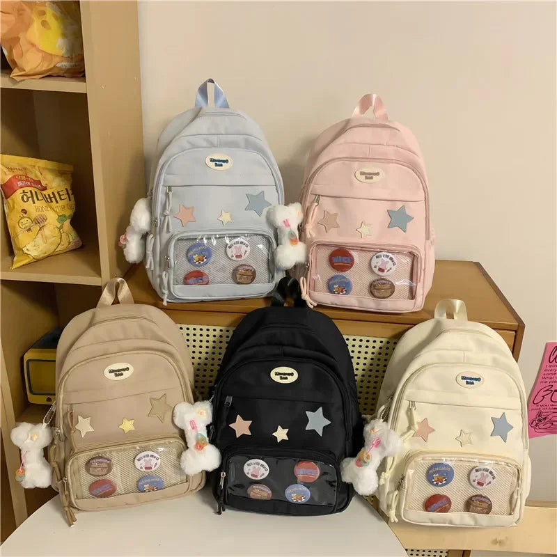 Casual Transparent Badge Large Capacity Commuter Backpack Suitable for Middle School Students Cute School Style Double Shoulder