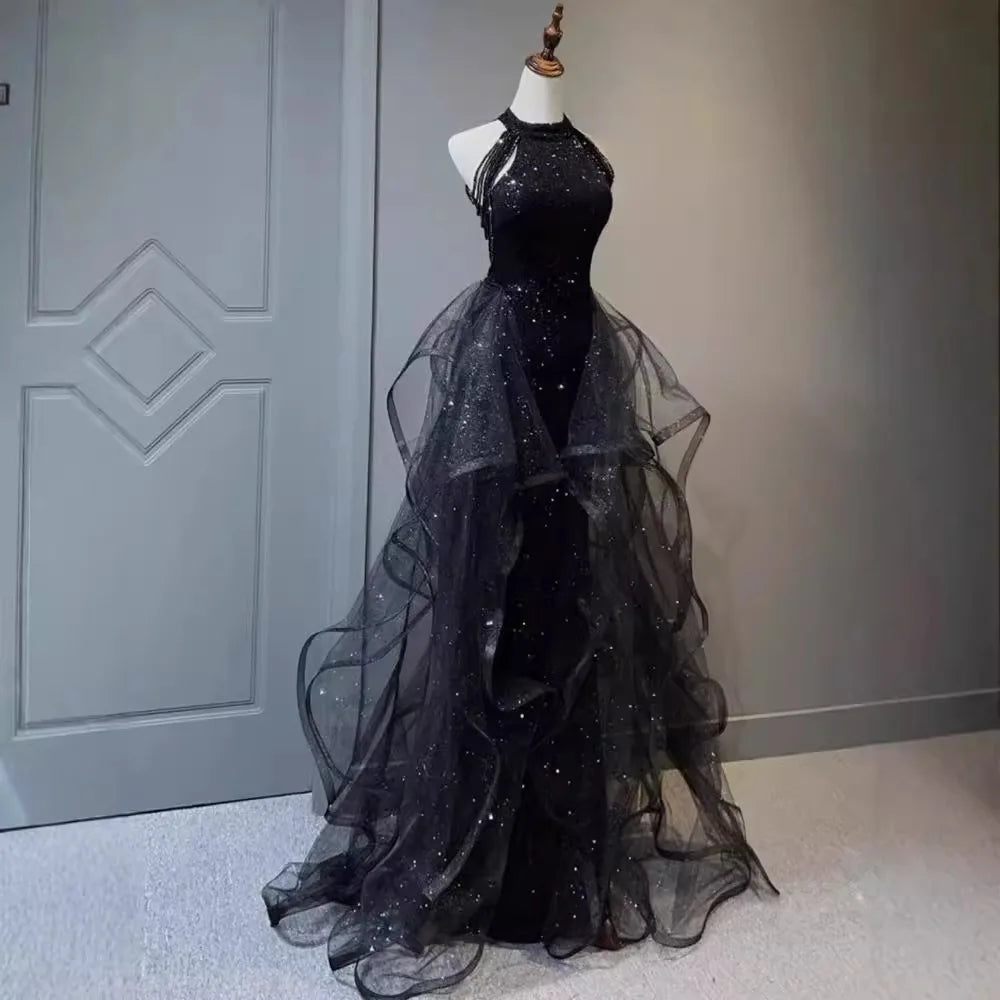 Black Sequined Evening Dress, High-end Light Luxury Hanging Neck Dress, High-end Feeling, Annual Meeting Art Exam for Women