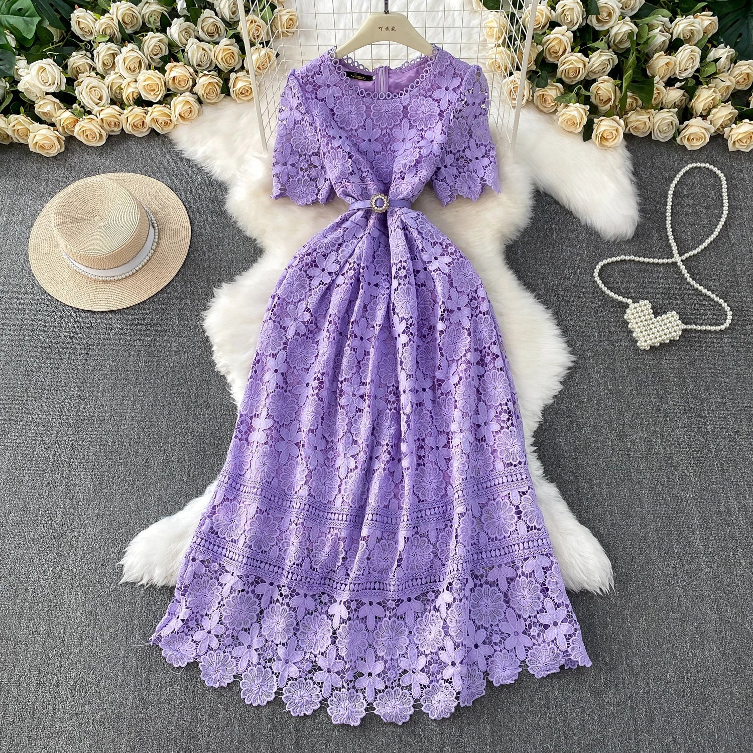 Brand Design Summer Embroidery Lace Long Dress Women Hollow Out Short Sleeve Midi Dresses Lady Belt Prom Evening Party Vestidos