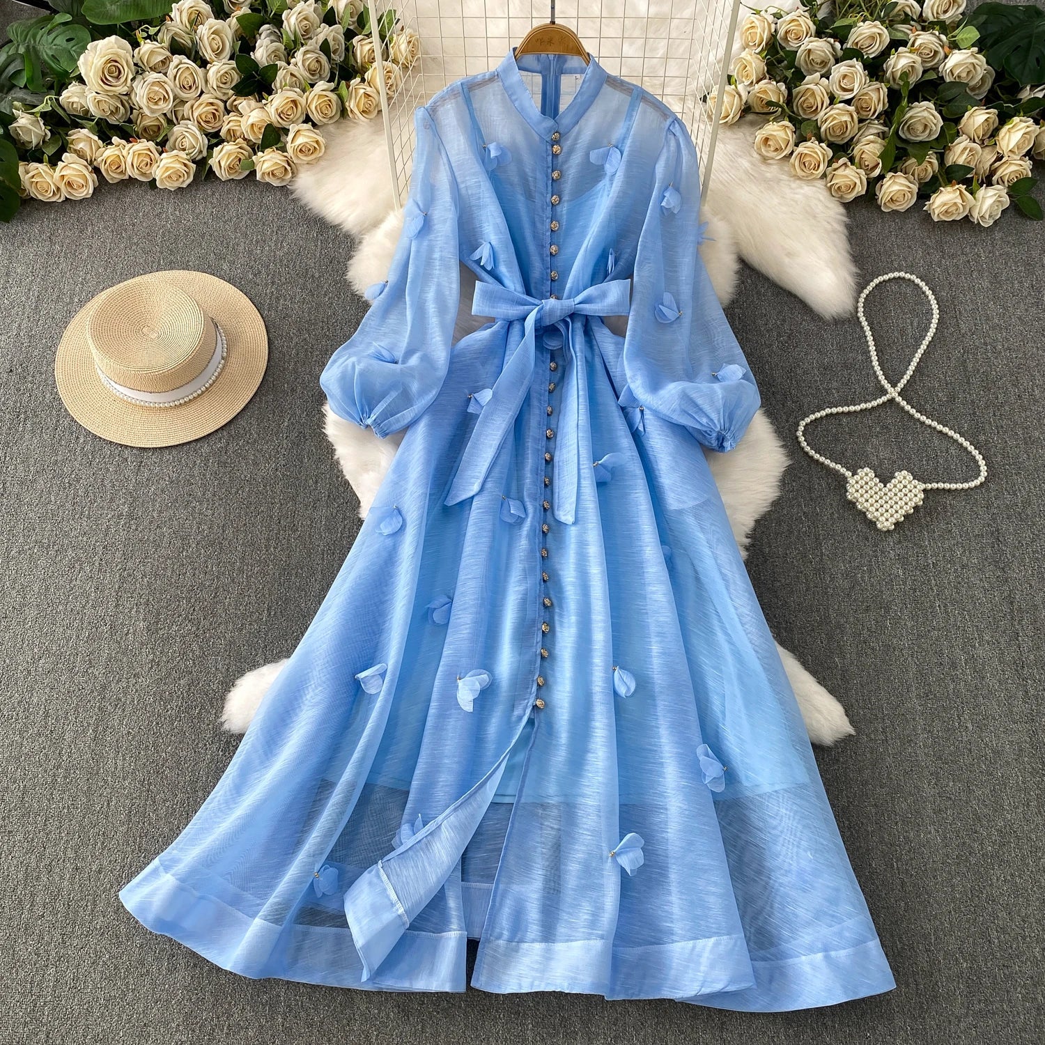 Chic vintage long sleeve floral button Elegant Fairy korean fashion autumn Sundress women clothing
