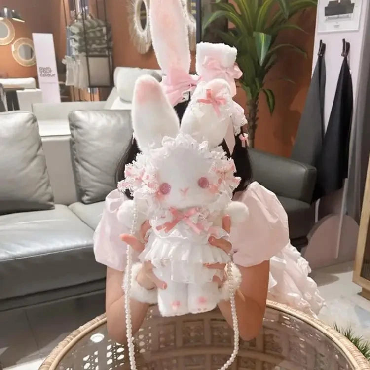 Kawaii Lolita Rabbit Shoulder Bag Cute Plush Crossbody Bag Y2K Girl Accessories Dolls Toys Pearl Chain Strap Makeup Bag