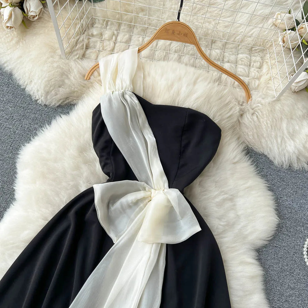 Chic Elegant Sleeveless Strapless Dress Beach Vacation Party Diagonal Collar Single Shoulder Dress Women Summer A-line Vestidos