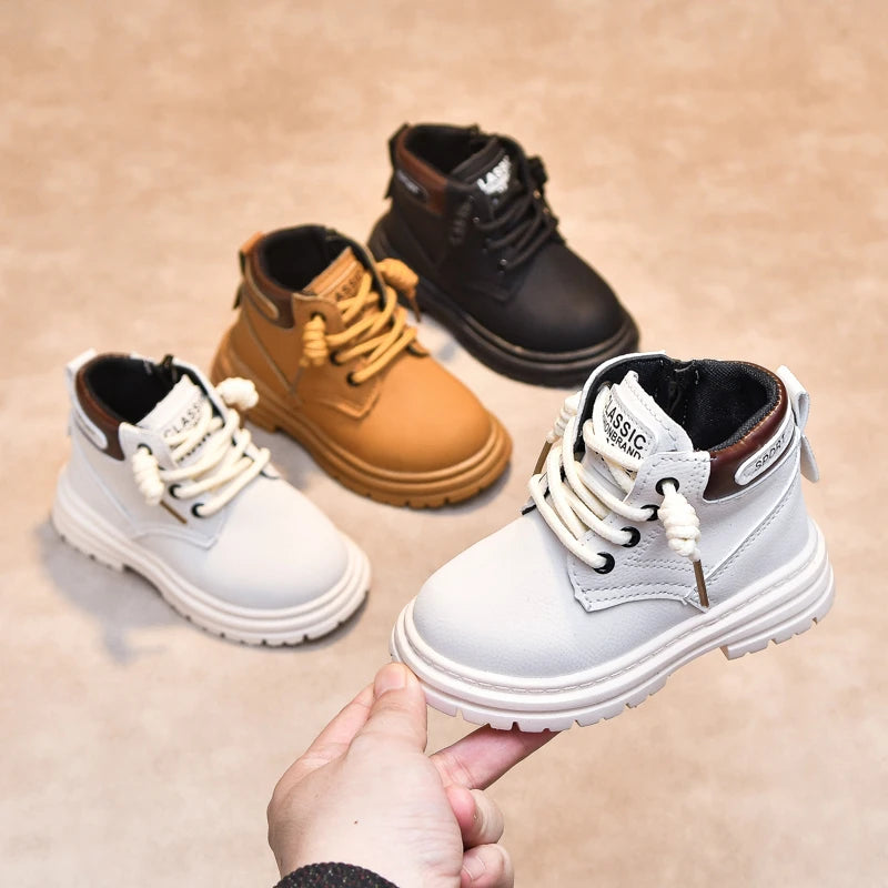 Kids Short Boots Side Zipper Round Toes Children Ankle Boots Waterproof 2025 New Fashion Boys Girls Leather Boots Pu Soft Bottom