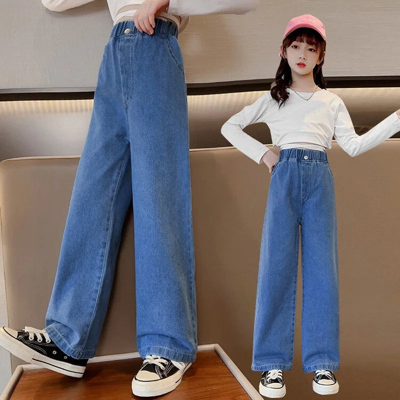 Jeans for Girls 2024 New Fashion Cartoon Printed Long Denim Trousers Teens Kids Cute Dog Pattern Wide Leg Pants 5 7 9 11 13 14Y