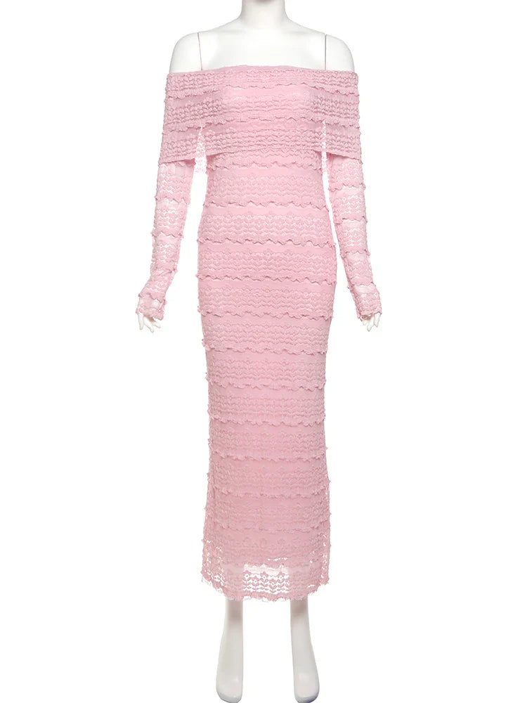 Cutenew Slash Neck Dress Women Sexy See Through Lapel Backless Full Sleeve Vacation Beach Party Elegant Skinny Maxi Vestidos