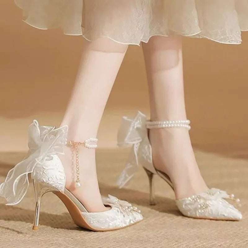 French Satin Wedding Shoes Two-Wear White Fairy Flower High-Heeled Sandals