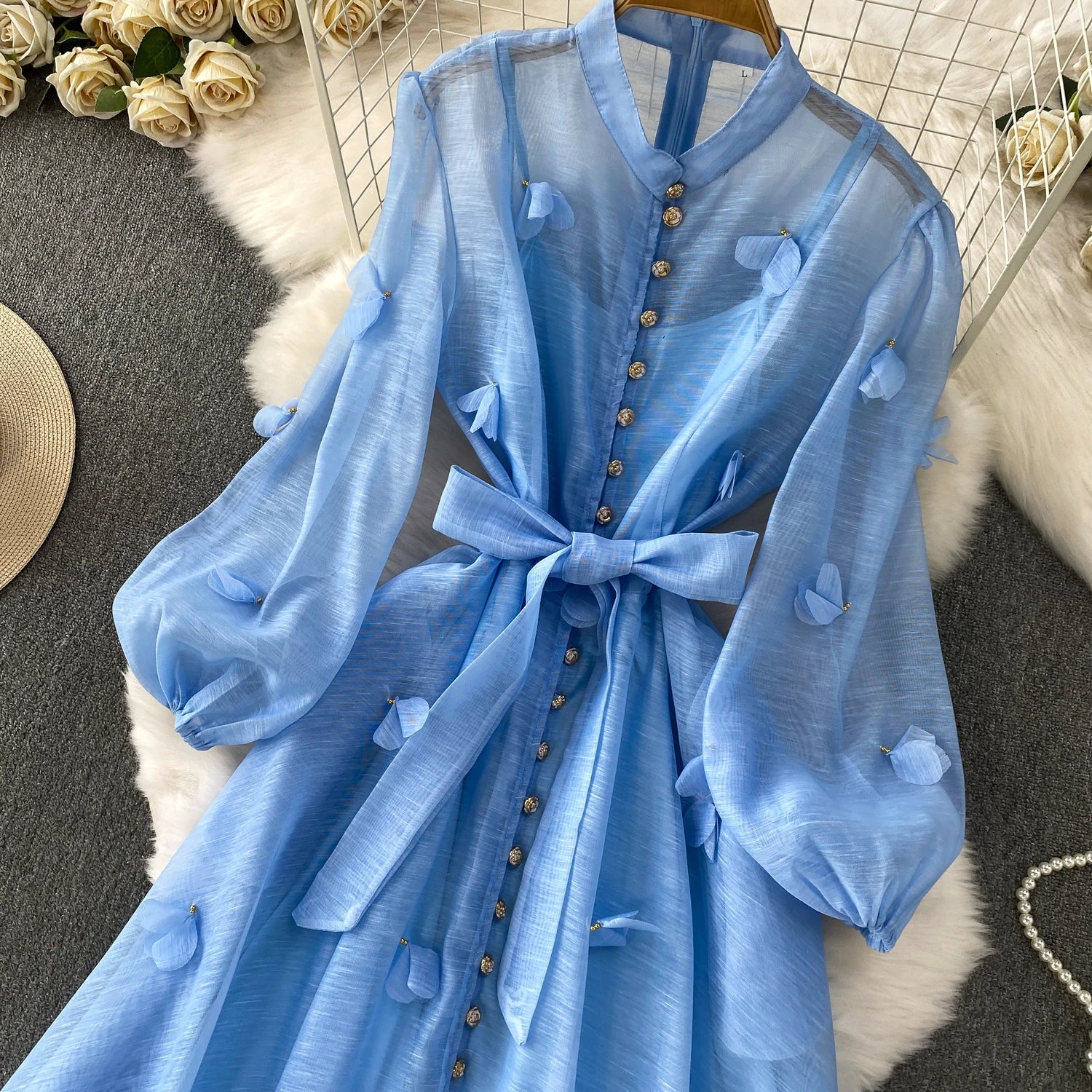 Chic vintage long sleeve floral button Elegant Fairy korean fashion autumn Sundress women clothing