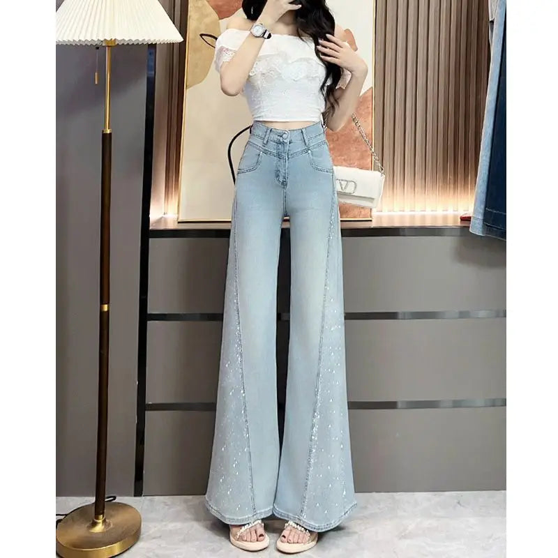 Hot Diamond Jeans For Women Fashion Hot Girls High Waisted Loose Flared Pants Autumn Retro Casual Commuting Wide Leg Trousers