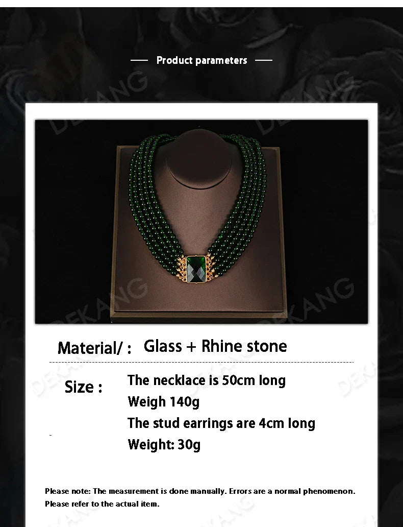 Exaggerated Green Crystal And Glass Multi-Layered Wearing Set Necklace Earrings