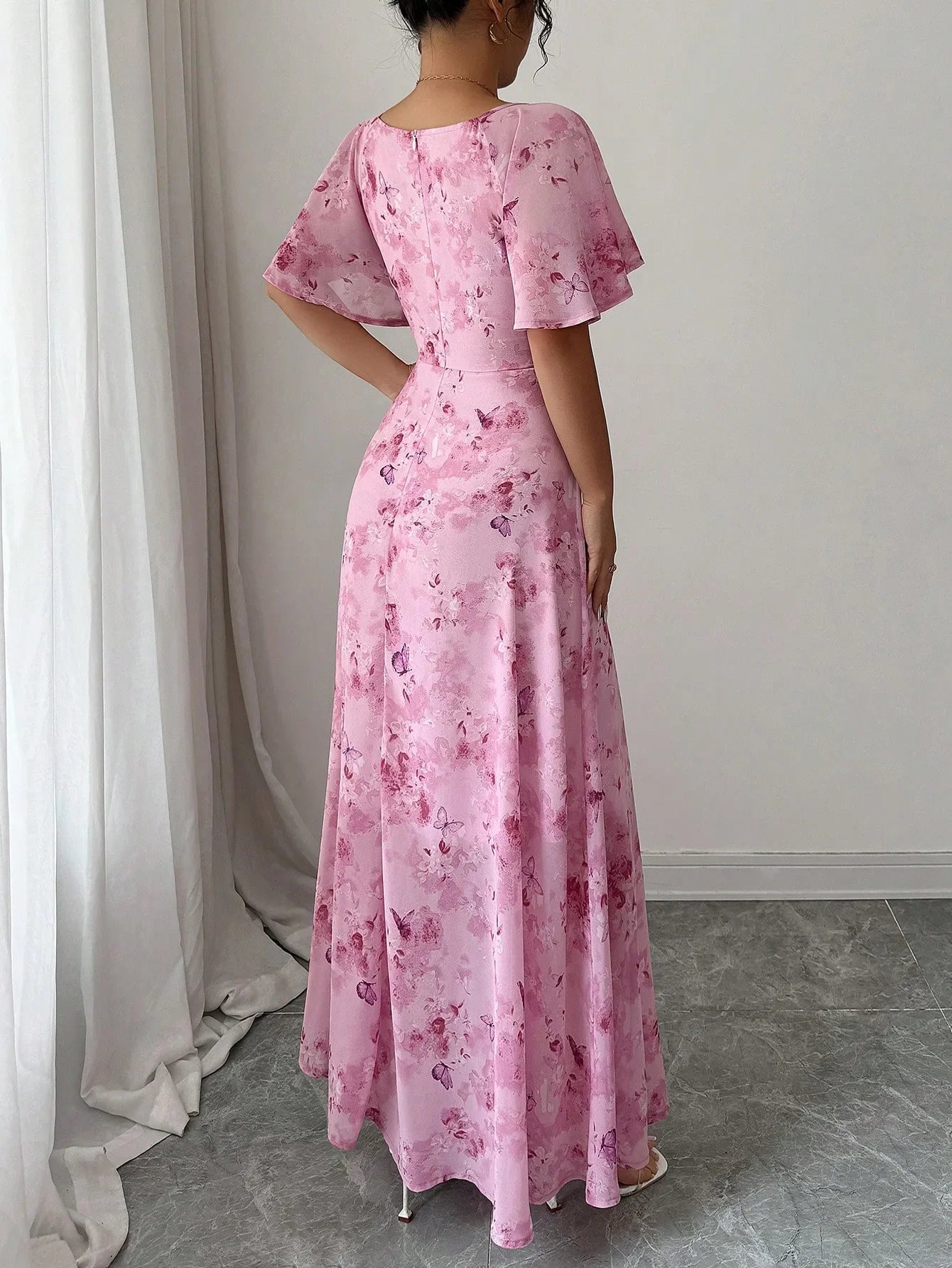 Fashionable Long Floral Print Dress Women's New Summer Slimming Age-Defying Dress Empire Waist Bubble Sleeve Knee-Length