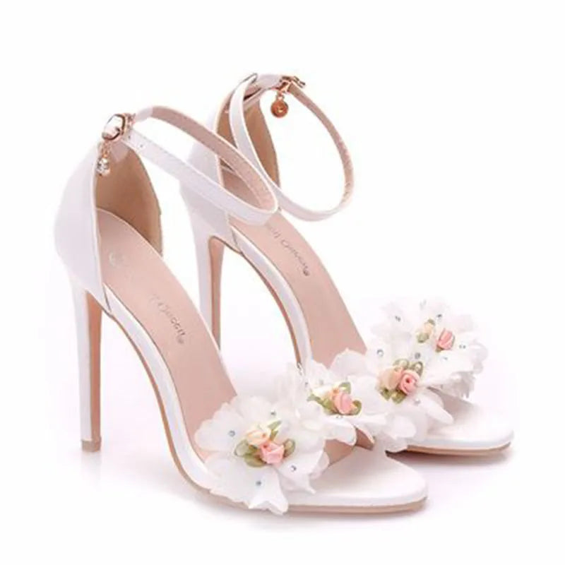 Large Size Sexy High Heel Sandals White Floral Stiletto Peep-toe Roman Sandals Women High Heel White