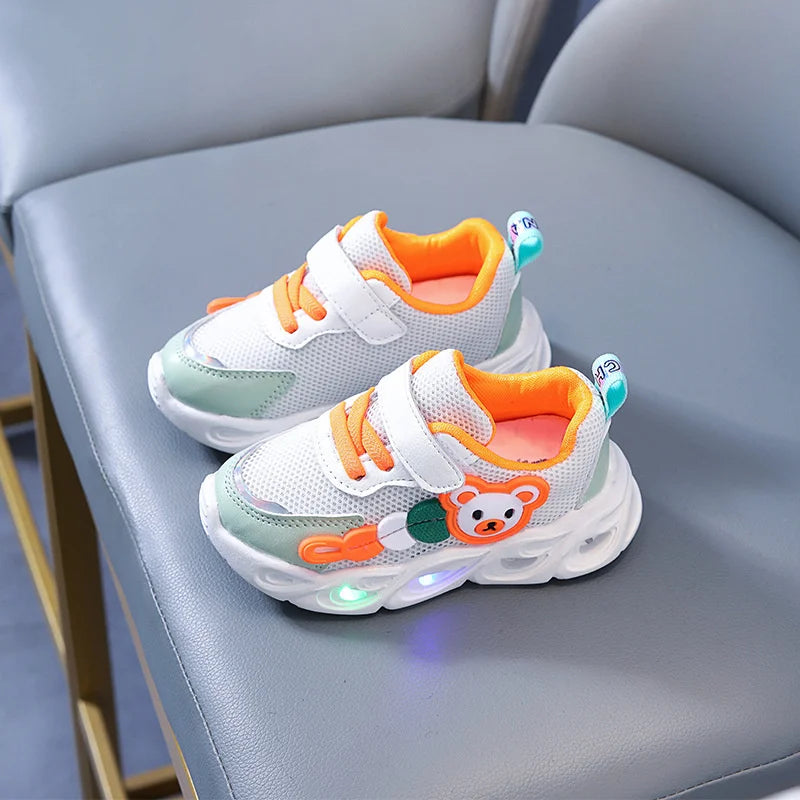 2023 Summer Children's Single Mesh Shoes Baby Soft Sole Walking Shoes LED Illuminated Hollow Breathable Board Shoes