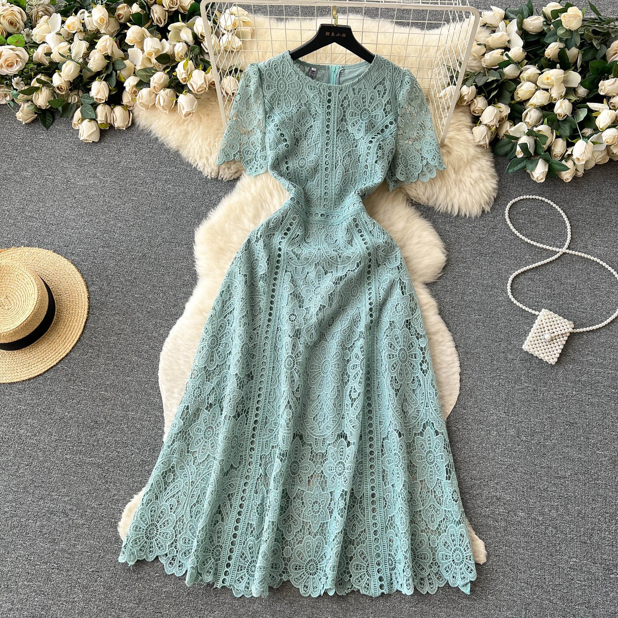 Embroidery Crochet Hollow Out Lace Dress For Women Summer Fashion Runway Short Sleeve Slim Waist Casual Party Midi Vestidos 6931