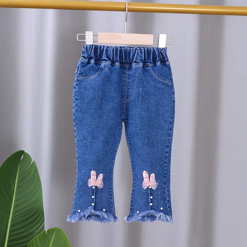 Spring Autumn New Children's Elastic Slit Flared Pants Baby Girls' Casual All Match Jeans Children Outer Wear Fashion Trousers
