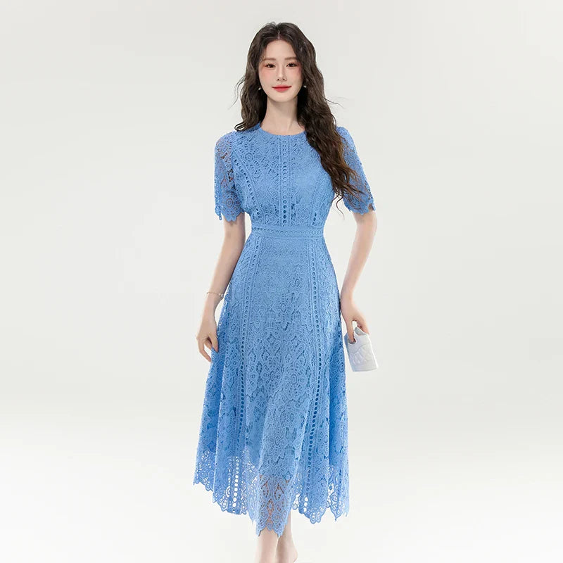 High Quality Lace Hollow Out Women Long Elegant Office Dress Summer French Chic Casual Vintage Purple Short Sleeve A-line Dress