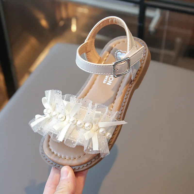 Girls Lace Sandals Kids Shoes Baby Artificial Pearl Open Toes Hoop Loop 2025 Summer Child Barefoot Beach Shoe for Toddler 22-31