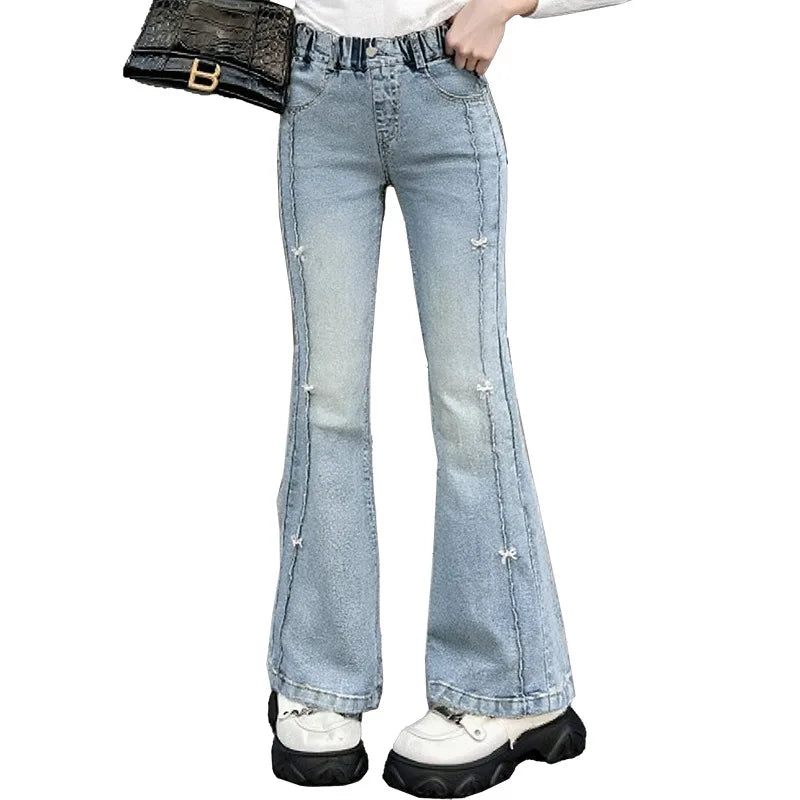 Girls Summer Fashion Jeans with Butterfly New Arrvial Kids Vintage Tight Denim Flare Pants Teenage Slim Trousers