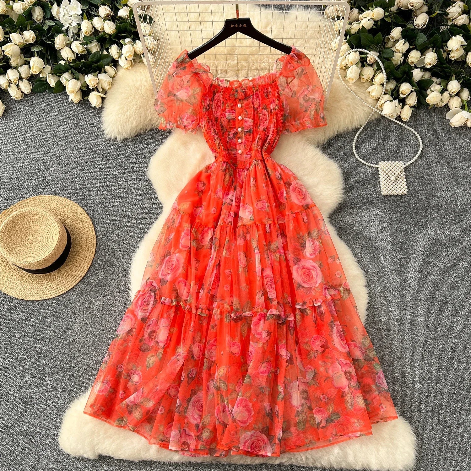 Retro Floral Chiffon Dr Women's Waist Cinched One oulder Bubble Sve Me Skirt Commute Korean Sle High Waist A-Line...