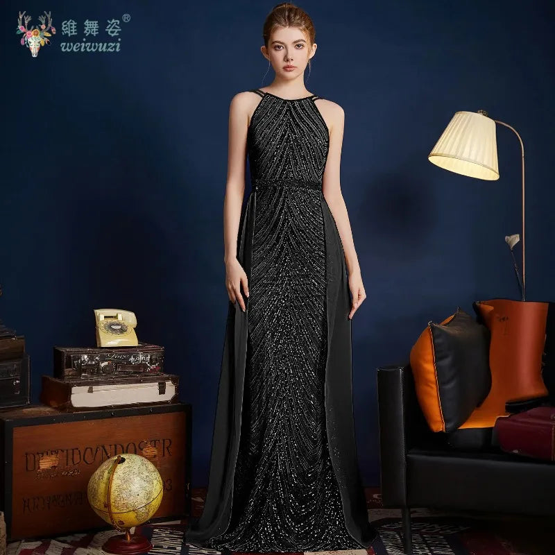 Chic High Sleeveless Sexy Backless Beading Sequined Mermaid Formal Evening Dresses Birthday Party Prom Gowns Elegant Luxury