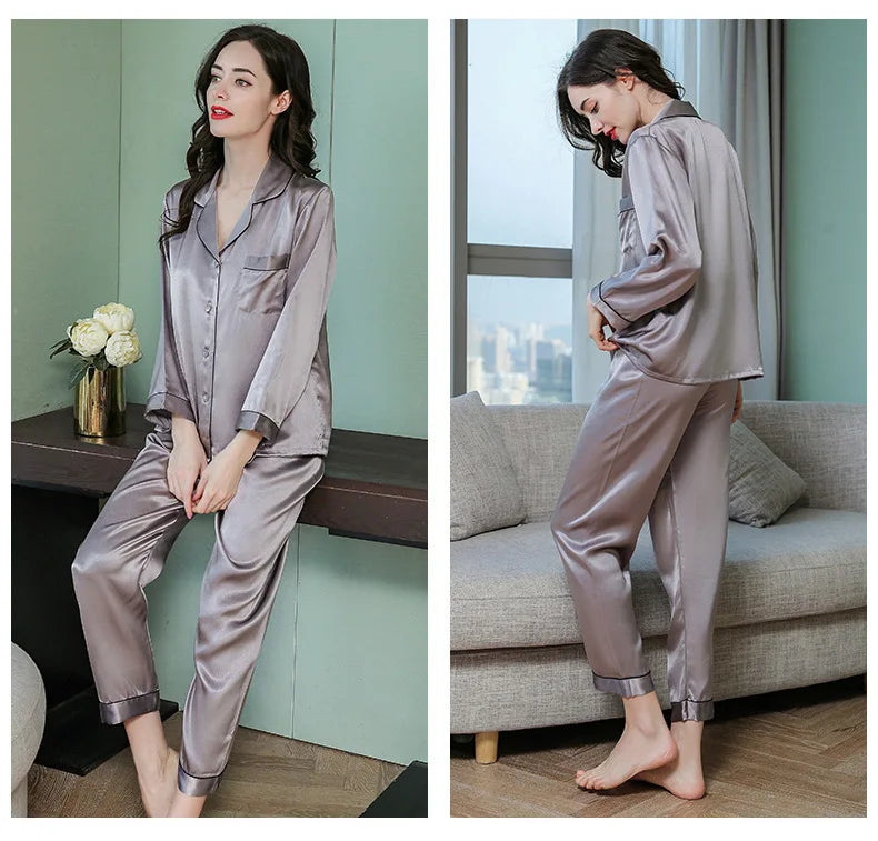 100% Mulberry Silk Pajamas Women Summer Winter Spring Long-sleeved Two-piece Couple Home Service Silk Pajamas For Lady