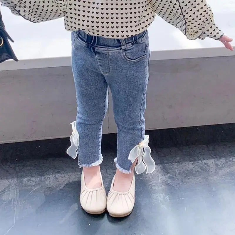 New Spring Kids Jeans Children Cute Bow Lace Denim Blue Pants Girls Embroidered Daisy Trousers
