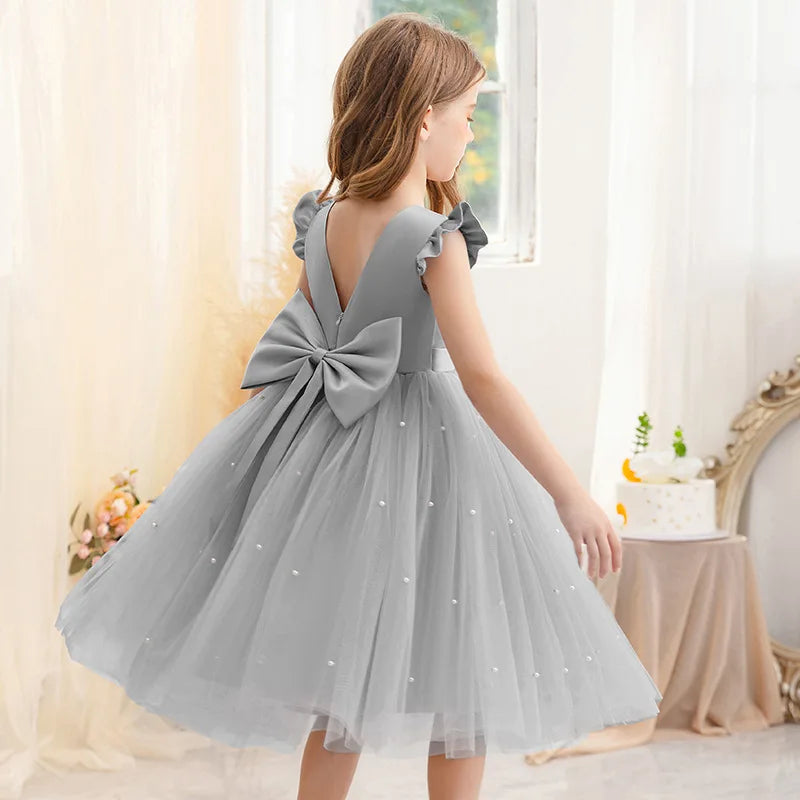 Baby Girl Party Dress Back Bow Elegant Flying Sleeve Mesh Tutu Dress with Pearl Solid Flower Girl Wedding Dress Birthday Gowns