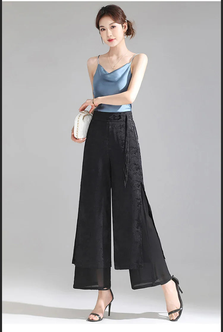 Chiffon Wide Wide Trousers Female Elegant Vintage New Pants Summer Thin Split Loose Skirt Pants Women Black Green