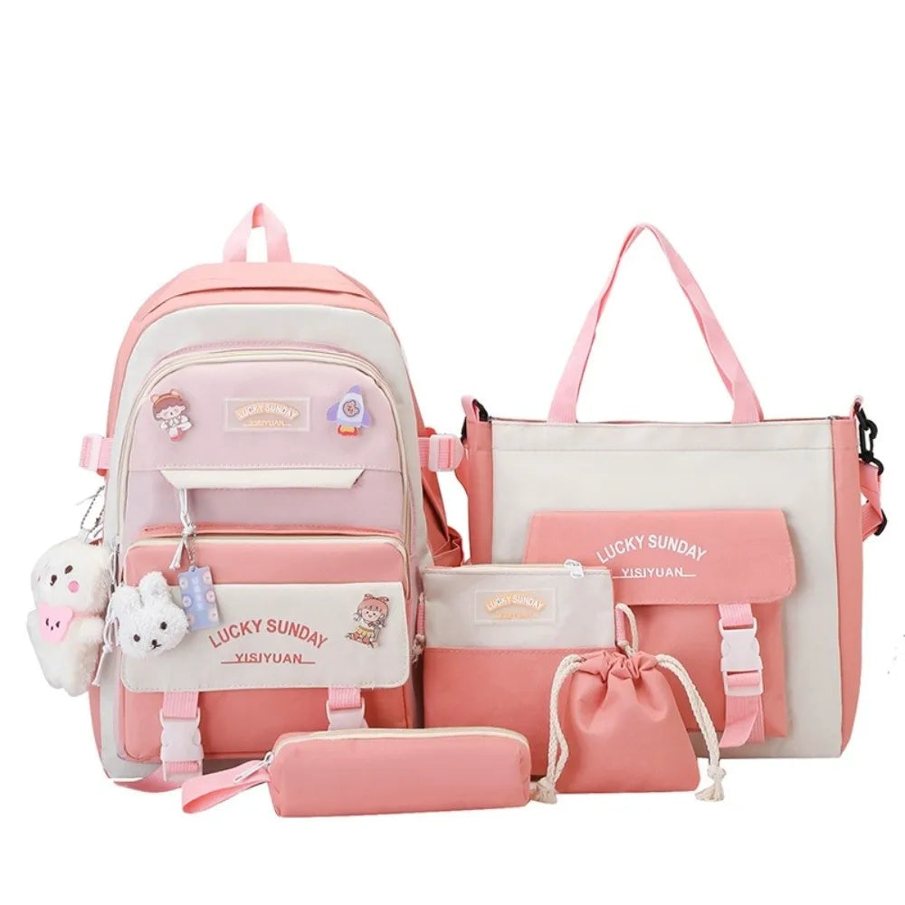 5 Pcs Cute Large Capacity Backpack Set Multifunctional Breathable Student Schoolbag Buckle Coin Purse School