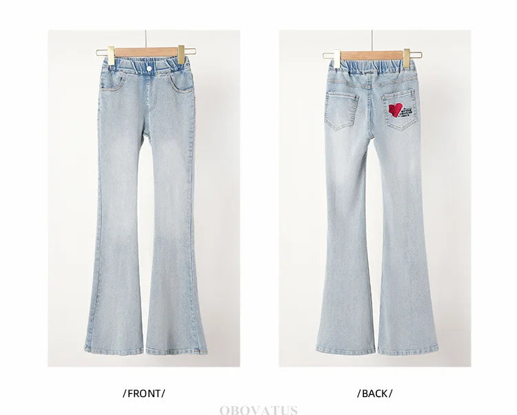 Child Slim Close-fitting Heart Pattern Flared Jeans For Girls Elegant Boot Cut Denim Leggings Pants Kids Fashion Jeans Trousers